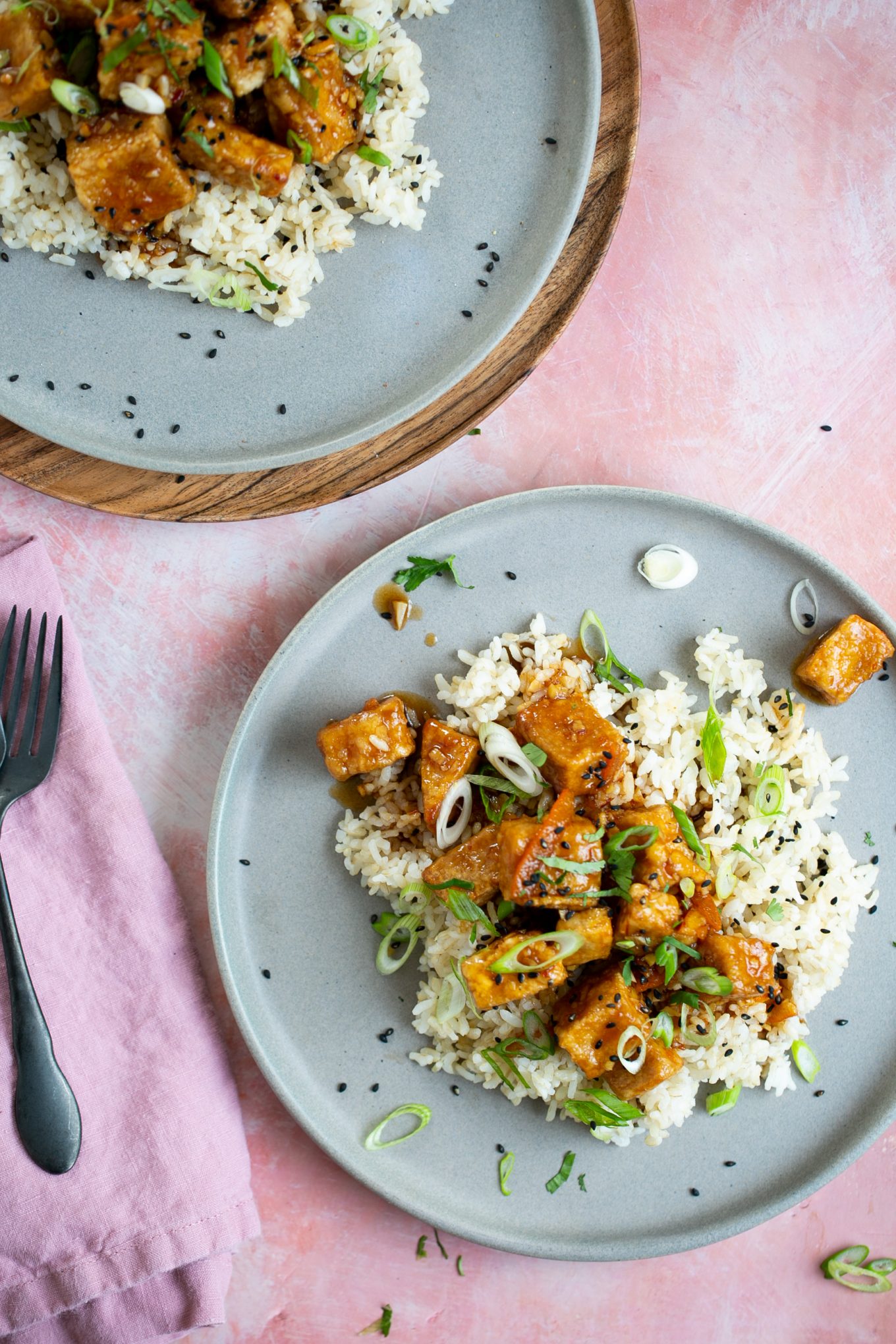 Crispy orange tofu served over brown rice