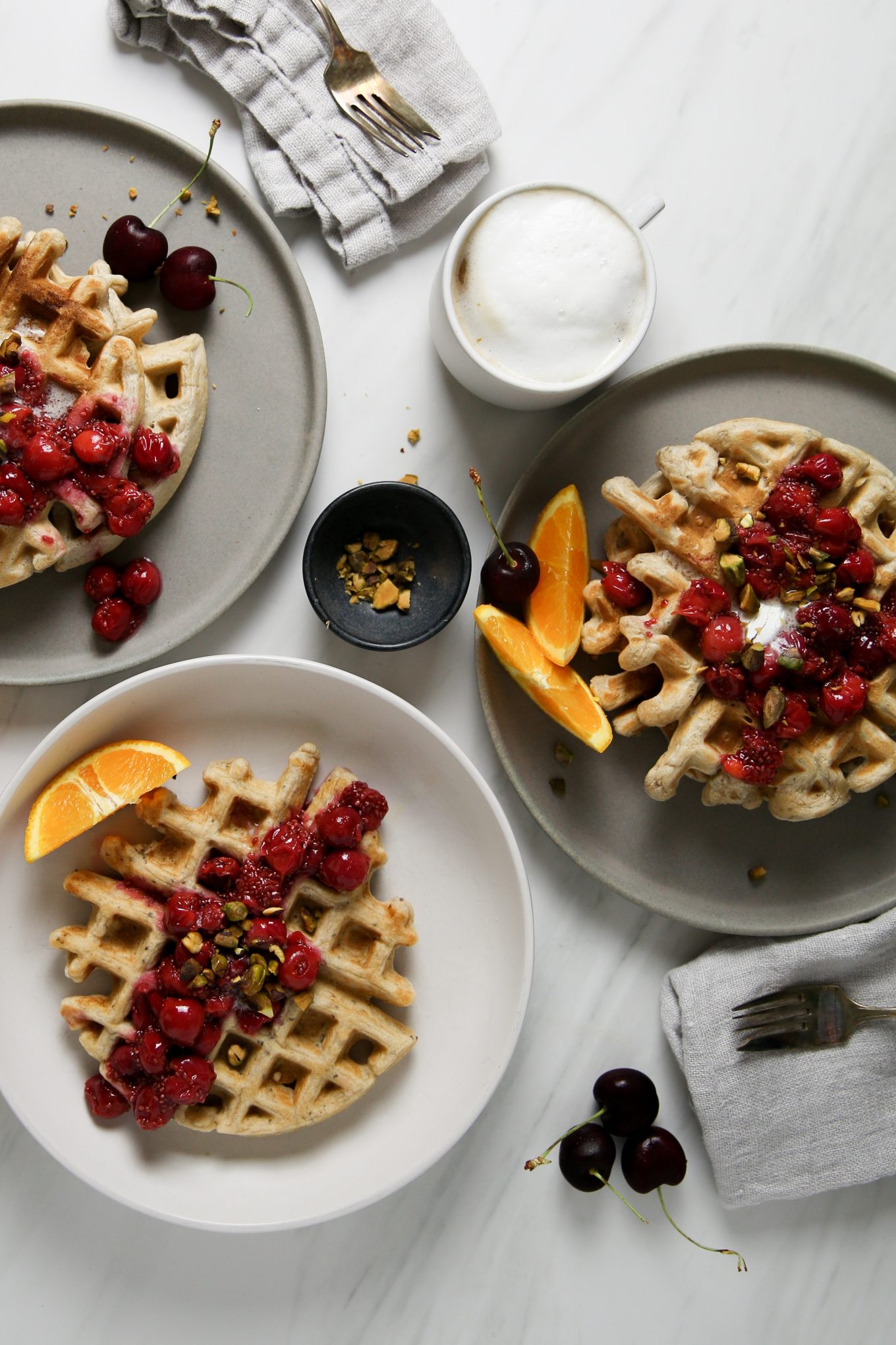 Vegan homemade waffles with cherry chia jam