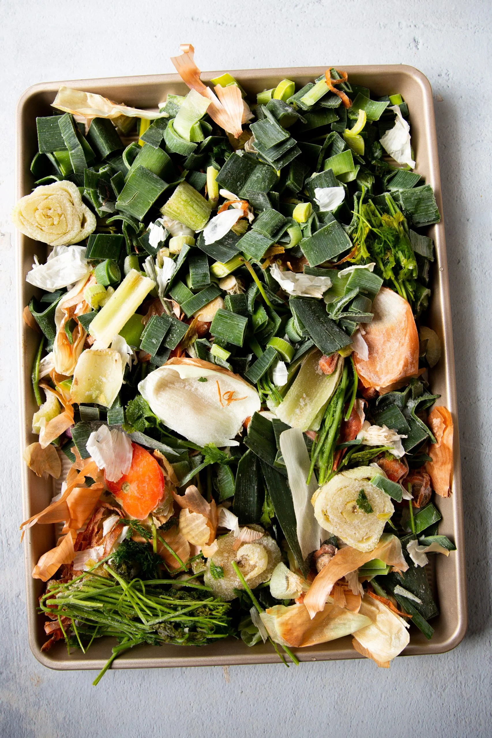 vegetable scraps on a baking sheet