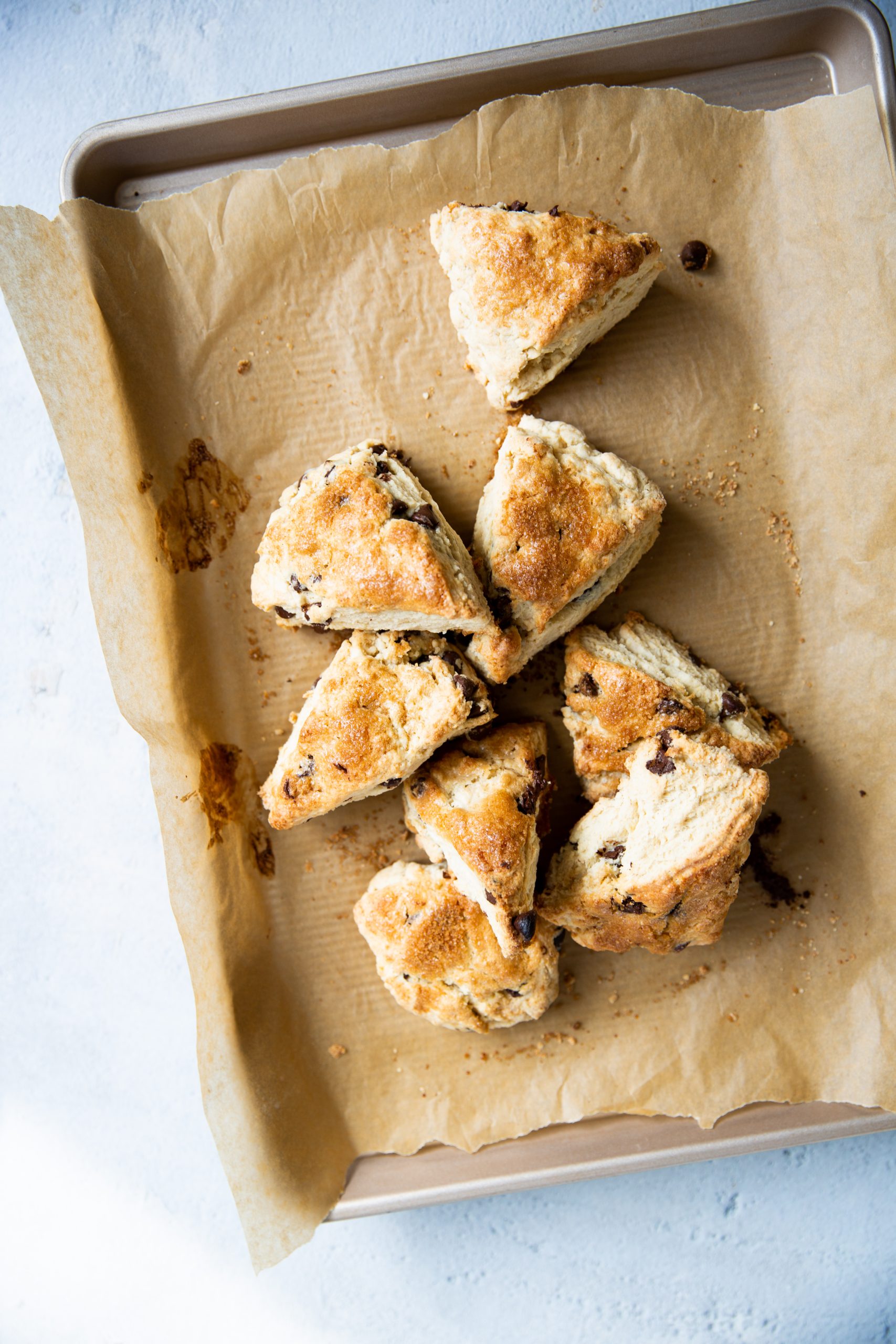 scones veganos de chocolate chips sobre una charola