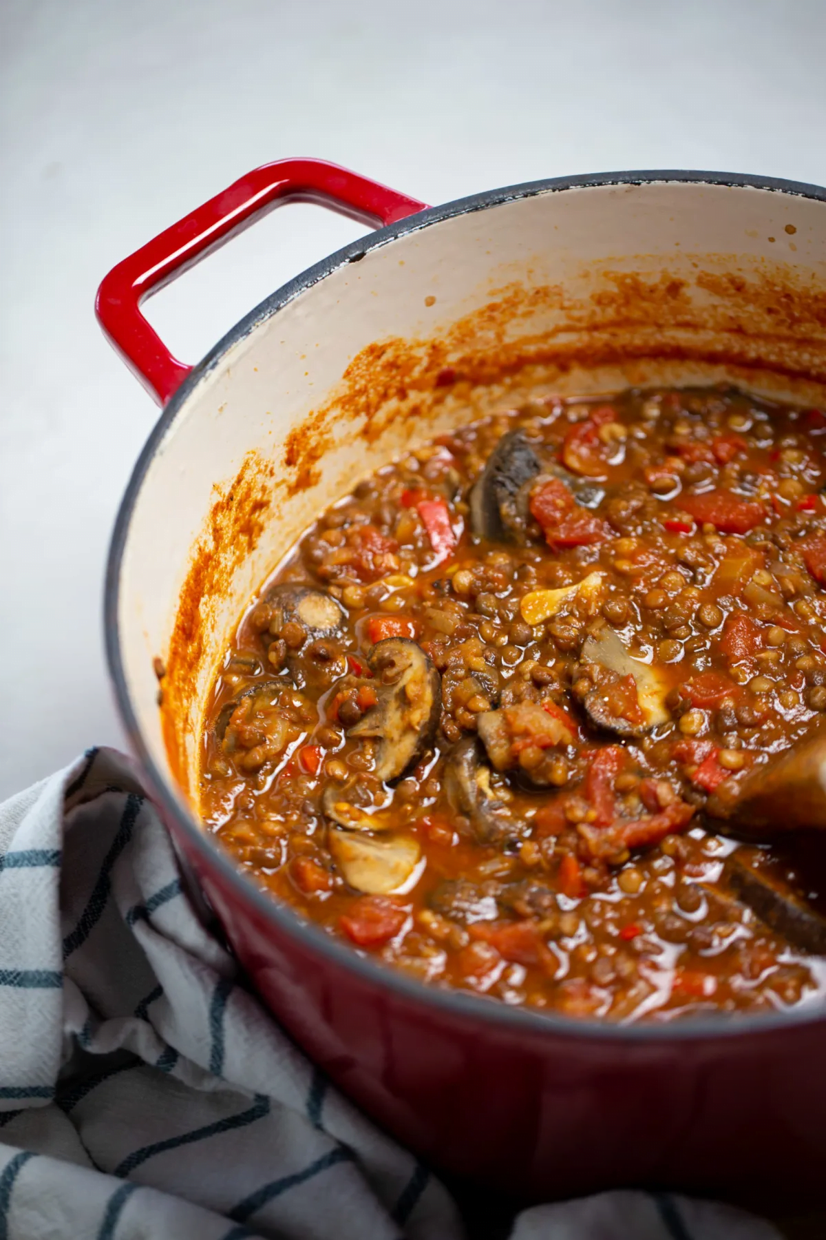A red Dutch oven filled with a chunky lentil mushroom ragu featuring tomatoes and vegetables. The pot is stained with sauce and sits on a striped cloth, with a wooden spoon partially visible stirring the hearty mixture.