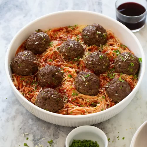 EASY SPAGHETTI AND MEATBALLS: Meatballs and spaghetti in a white bowl.