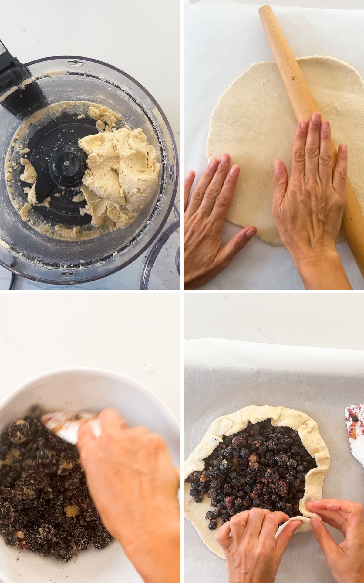 Ingredients for a vegan mixed berry galette laid out on a light surface.