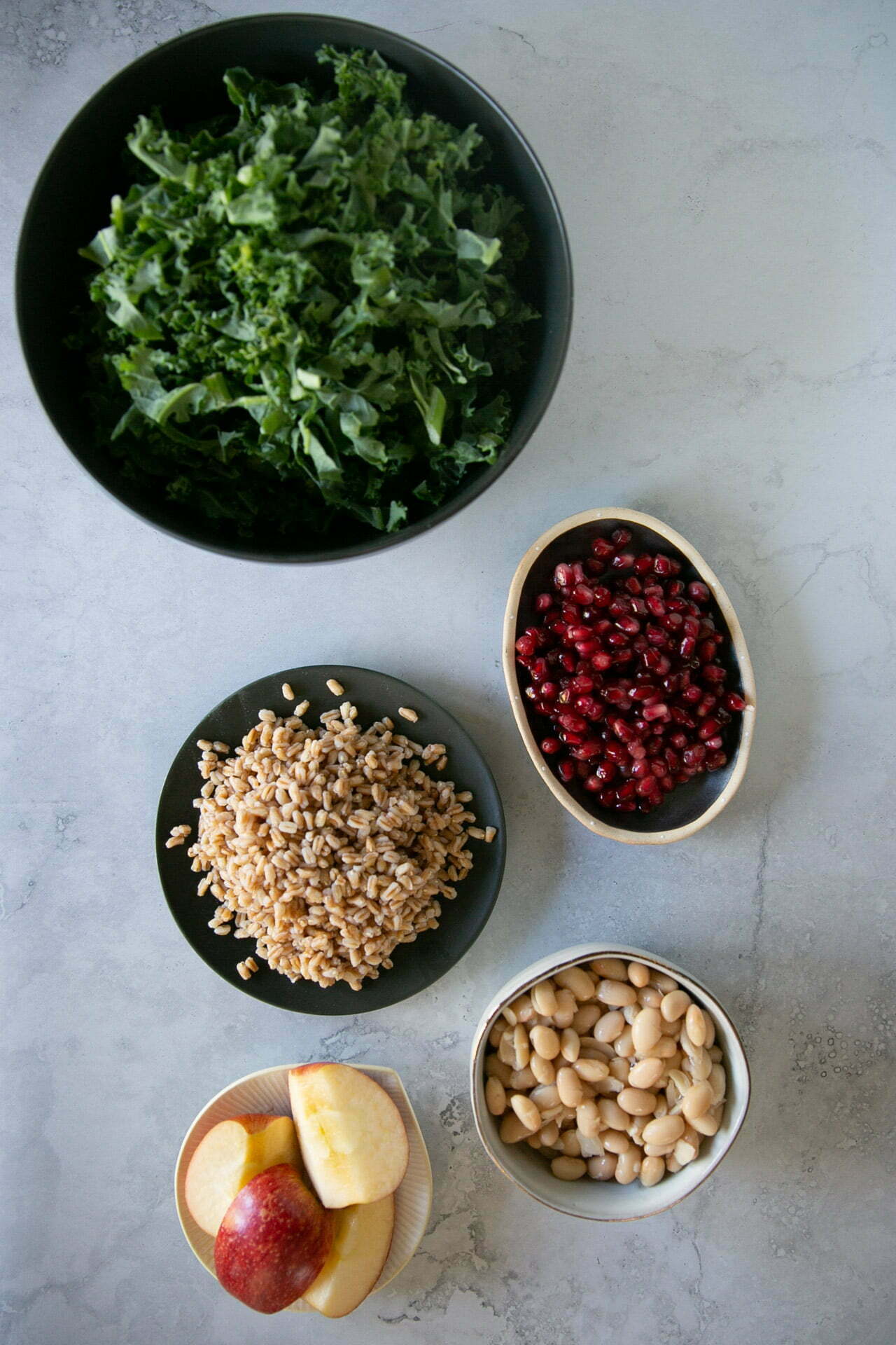 Four bowls and a small plate on a light countertop. The bowls contain chopped kale, pomegranate seeds, cooked farro, and kale and navy beans. The small plate holds red and yellow apple slices. All items are arranged neatly from above.