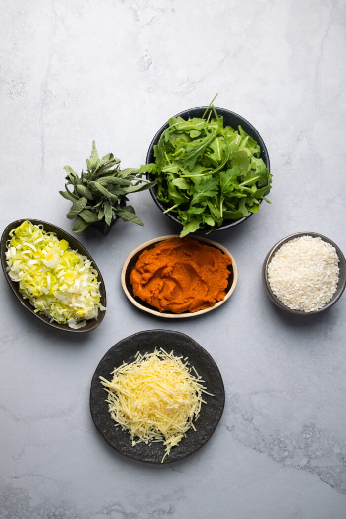 Ingredients to make vegan pumpkin risotto. Arugula, arborio rice, parmesan cheese, pumpkin puree and sliced leeks.