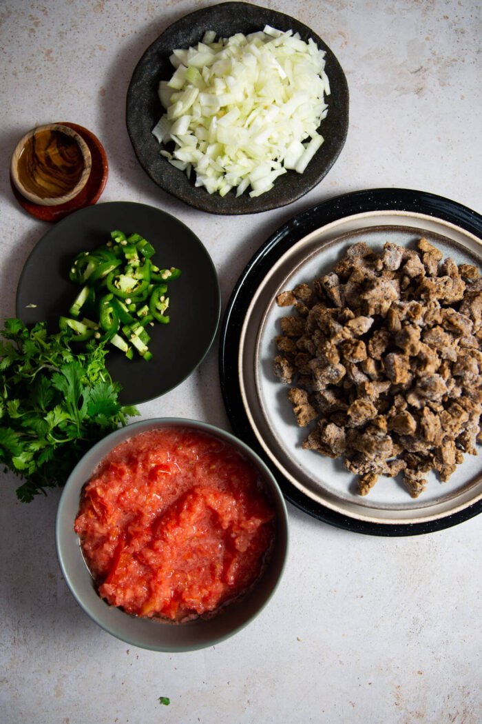 diced onion, cilantro, sliced jalapeño and fozen vegan beef on plates next to a bowl of tomato puree