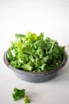 A rustic gray bowl filled with fresh, curly green kale leaves sits on a light surface. A few stray kale pieces rest beside the bowl. The background is white and minimal, drawing focus to the vibrant, textured leaves.