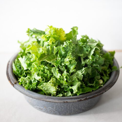 A rustic gray bowl filled with fresh, curly green kale leaves sits on a light surface. A few stray kale pieces rest beside the bowl. The background is white and minimal, drawing focus to the vibrant, textured leaves.