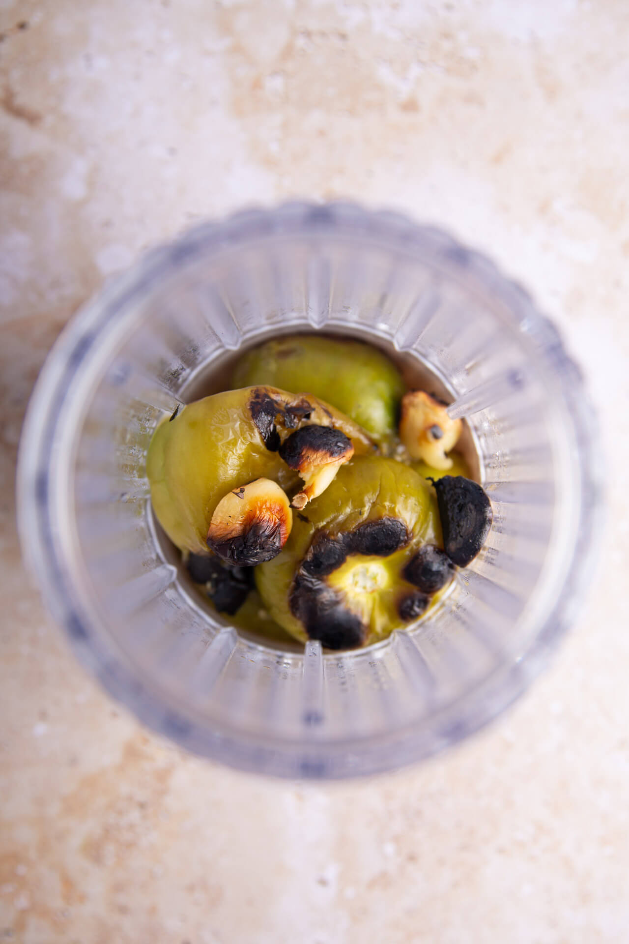 roasted tomatillos and roaasted garlic in a blender
