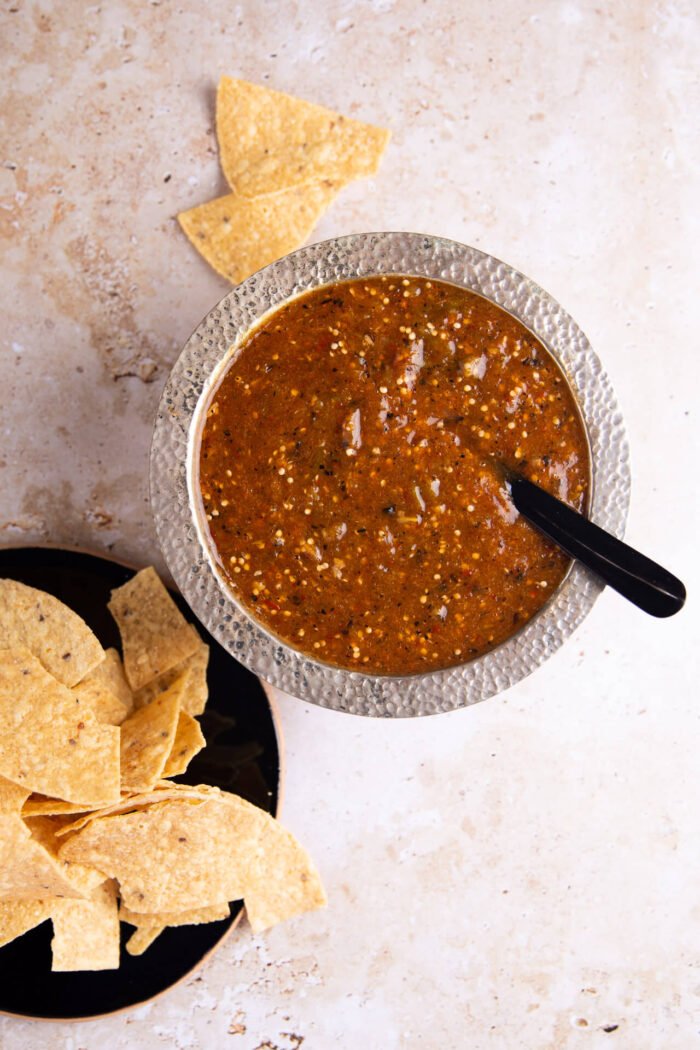 roasted tomatillo salsa in a salsera