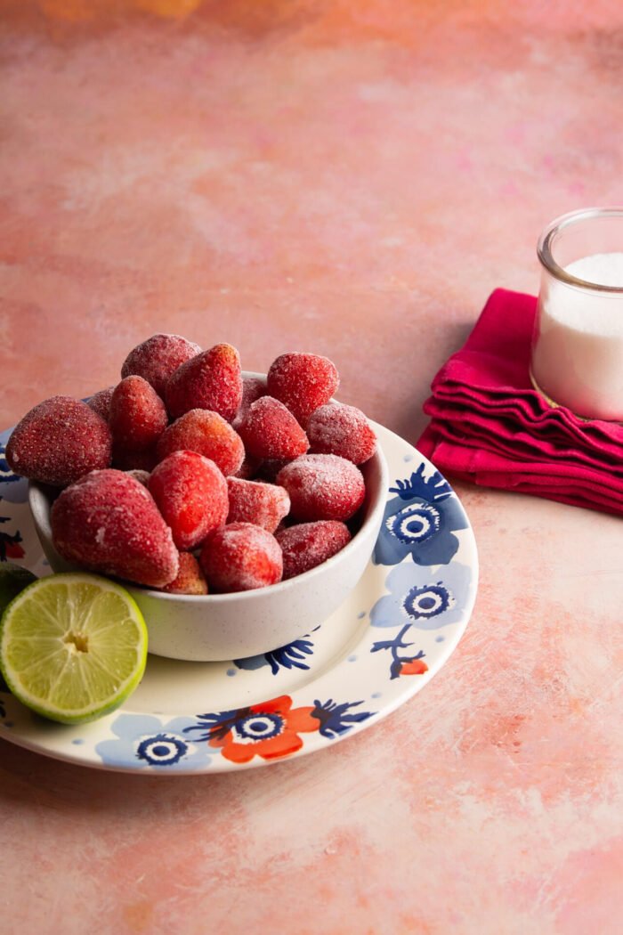 frozen strawberries and half a lime
