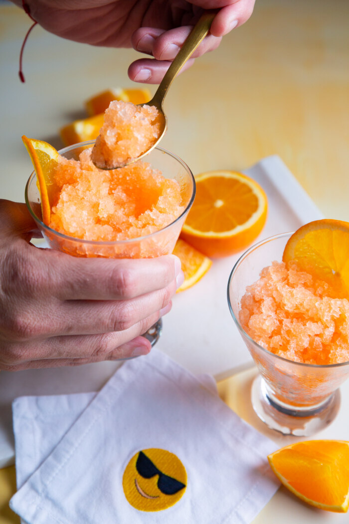 two glasses of aperol spritz granita 