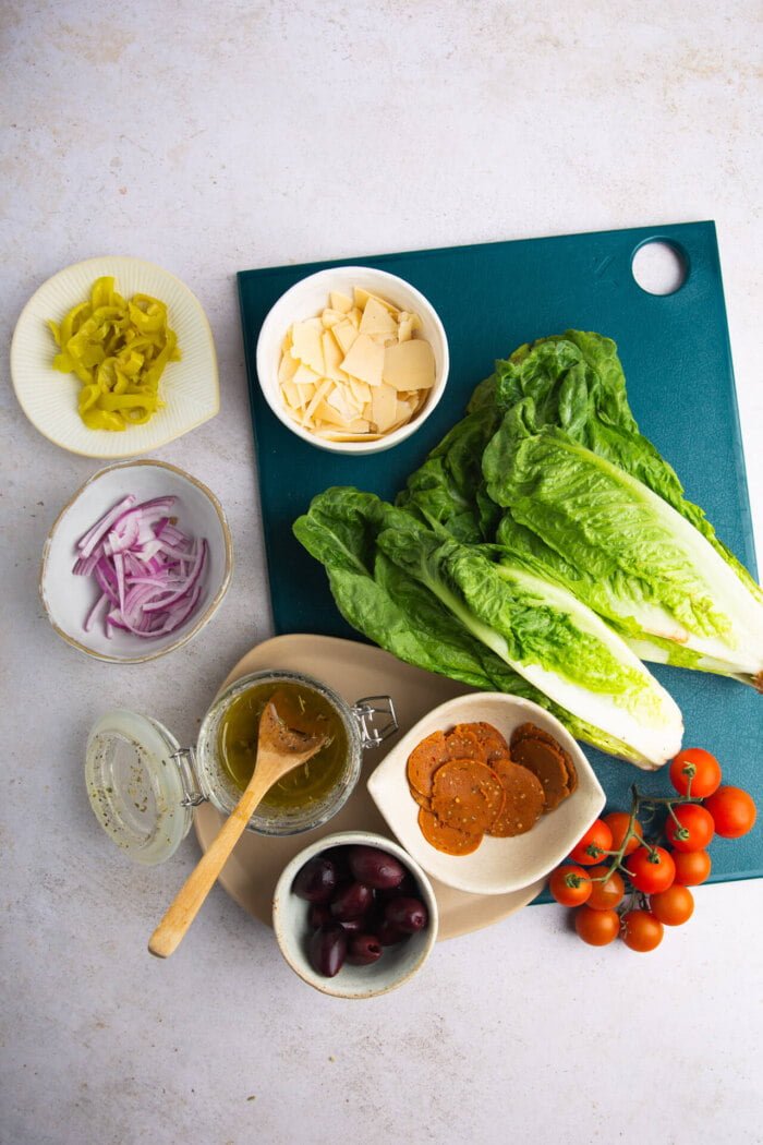Romaine lettuce, cherry tomatoes, pepperoni cheese, olives and Italian salad dressing.