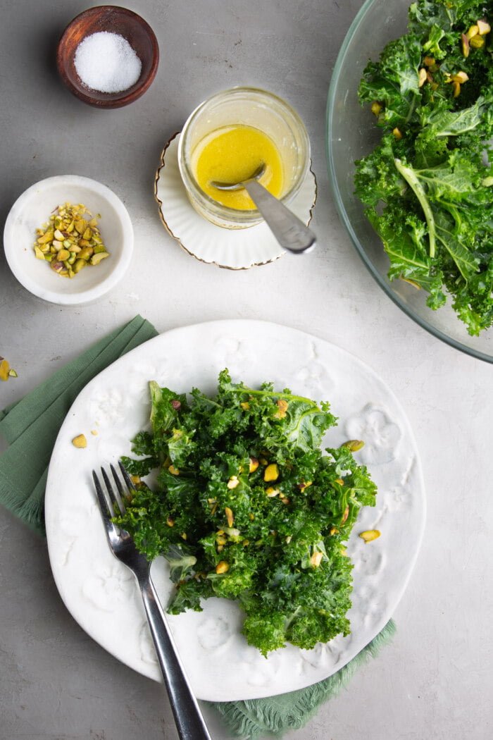 Kale salad with lemon dressing and pistachios.