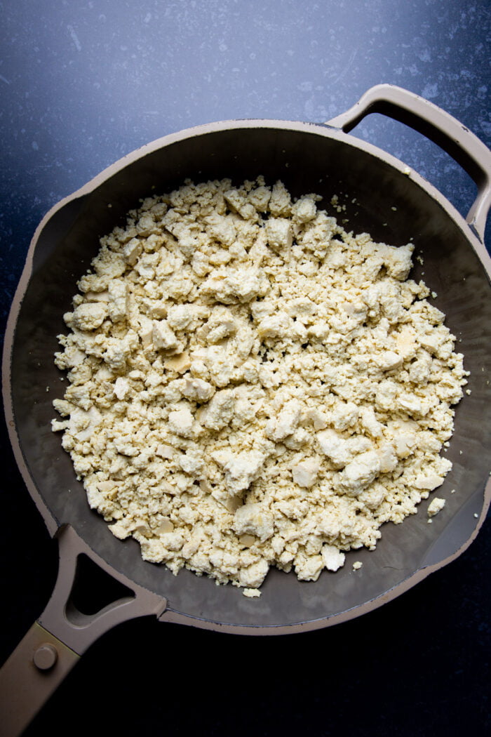 crumbled tofu in a frying pan