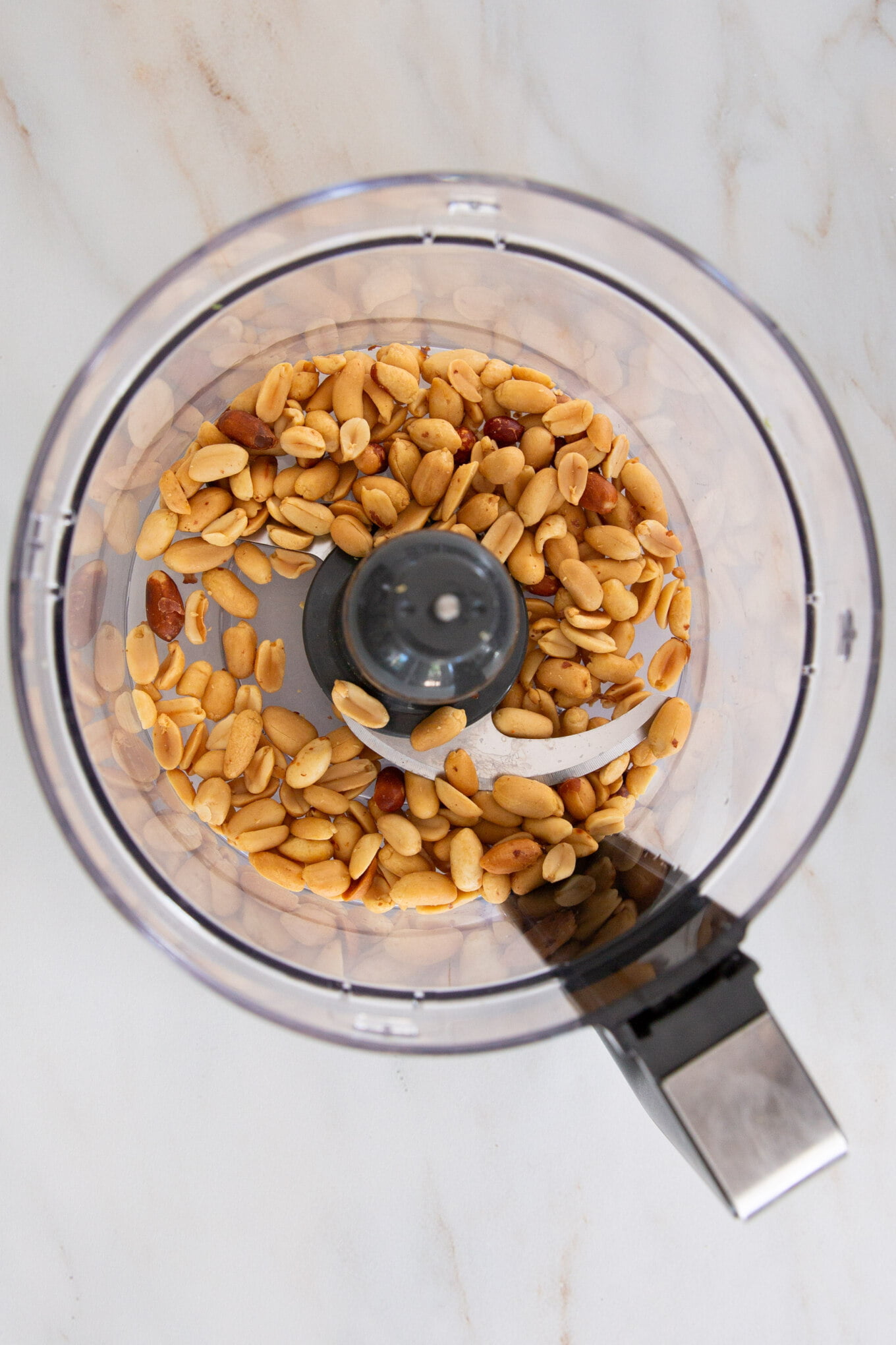 A food processor filled with nuts.