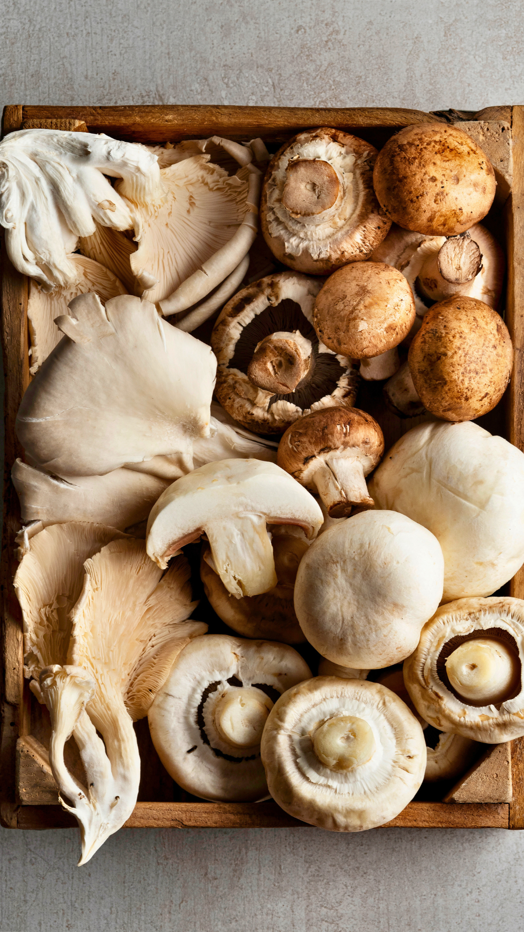 A wooden box filled with different types of mushrooms and how to prepare them.