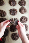 A person holding a vegan chocolate cookie.