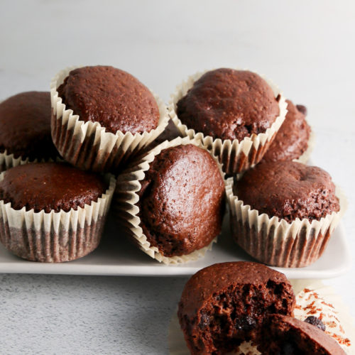 Automatic eraser, chocolate muffins on a white plate with a bite taken out.