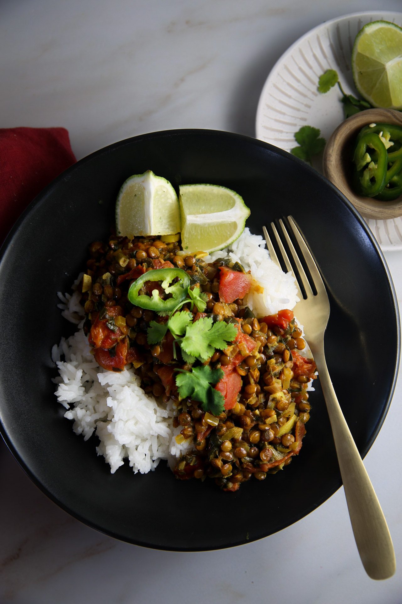 A plate of rice and lentils on an automatic table.