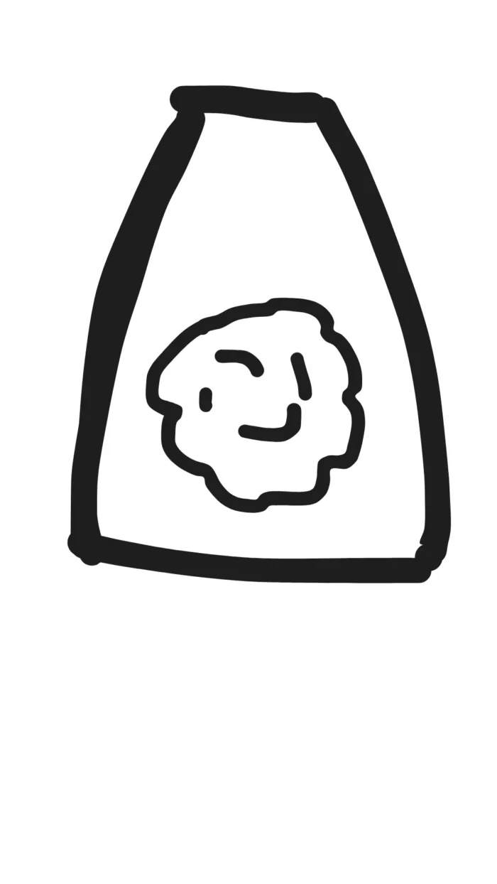 A simple black and white illustration of a container with a cloud-like shape in the center, resembling a steaming tamale. The container is outlined with thick, bold lines, and the cloud sits like an emblem. The design is minimalistic and abstract.