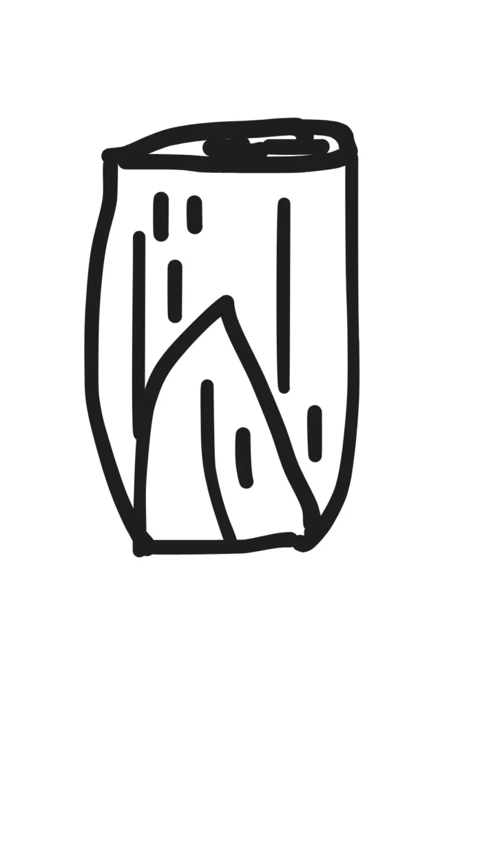 A simple black and white line drawing of a cylindrical pencil holder containing several vertical pens and a pencil. A sheet of paper, slightly smudged with olive oil, is placed in front of the holder, partially covering it. The background is plain white.