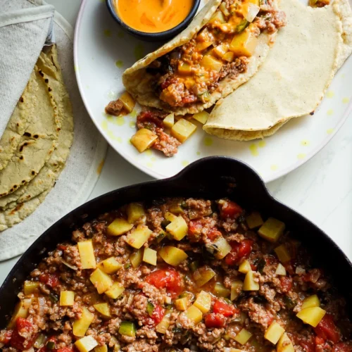 A skillet brimming with Ranch-Style Picadillo—an aromatic mix of ground meat, diced potatoes, tomatoes, and zucchini—rests on a white surface. Nearby, corn tortillas are folded with the savory blend. A small bowl of orange sauce with a wooden spoon complements the rustic dish.