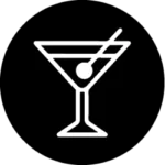 A simple white line drawing of a martini glass with a cocktail pick and an olive inside, set against a solid black background.