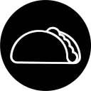 A simple white line drawing of a taco on a solid black background. The taco has a curved shell, with wavy lines inside representing the filling. The design is minimalistic and stylized.