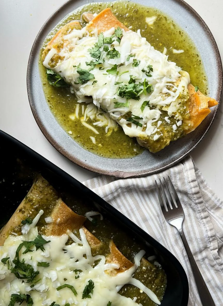 A plate with two Enchiladas Verdes topped with green salsa, melted cheese, and chopped cilantro sits beside a baking dish of more enchiladas. A fork rests on a striped towel. The enchiladas are generously covered in sauce and cheese.