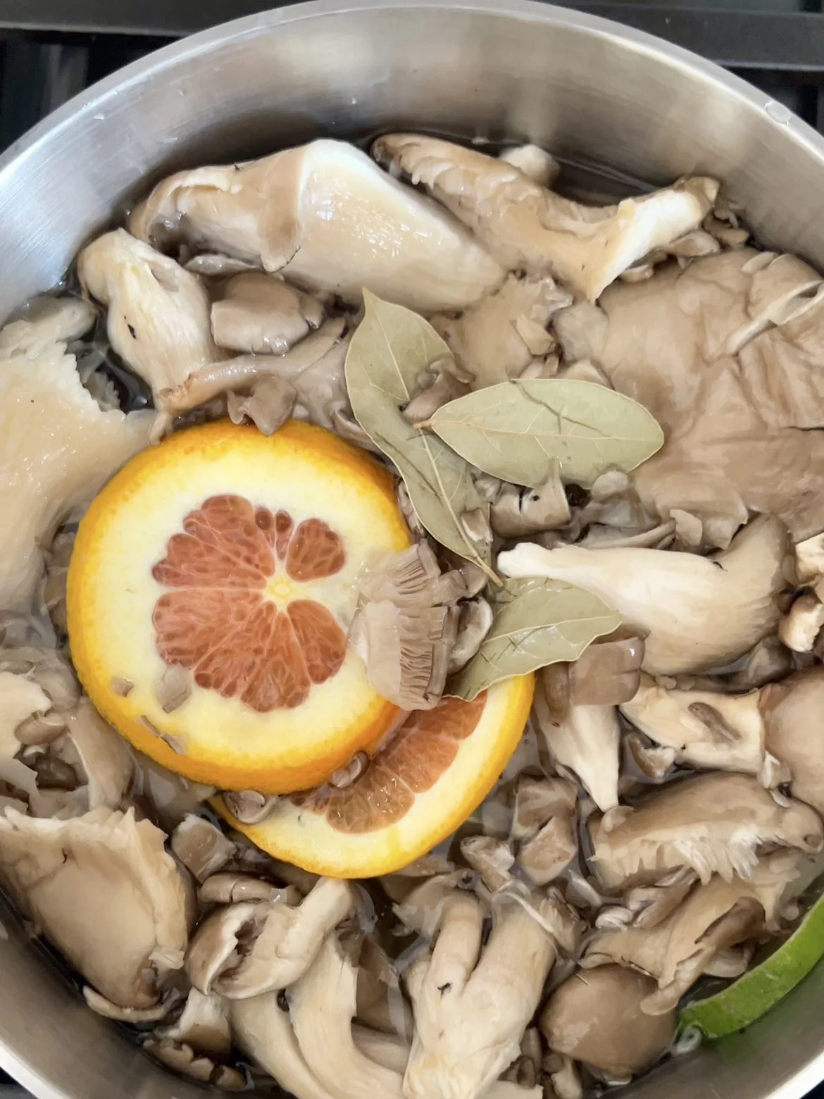A pot filled with oyster mushrooms in water, topped with orange slices and bay leaves, simmers on the stove—perhaps as a savory base for enchiladas verdes or pulled pork enchiladas.