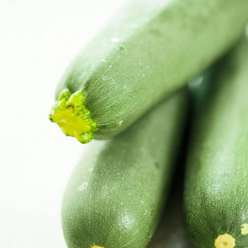 Three fresh zucchinis with smooth, light green skin are stacked on a neutral surface. Perfect for Calabacitas con elote or any Sinaloa Mexican recipe, their round, yellow-green stem end and gentle overlap display freshness.