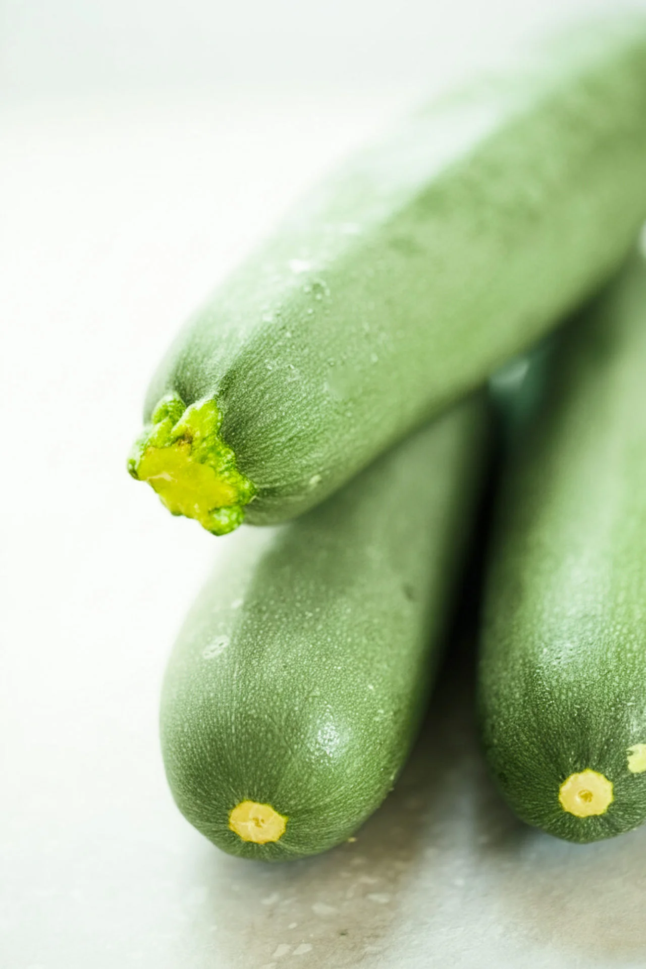 Three fresh zucchinis with smooth, light green skin are stacked on a neutral surface. Perfect for Calabacitas con elote or any Sinaloa Mexican recipe, their round, yellow-green stem end and gentle overlap display freshness.