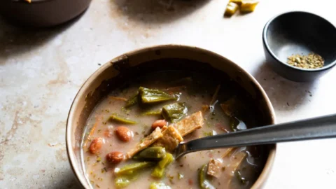 Sopa de frijol con nopal with tortilla strips