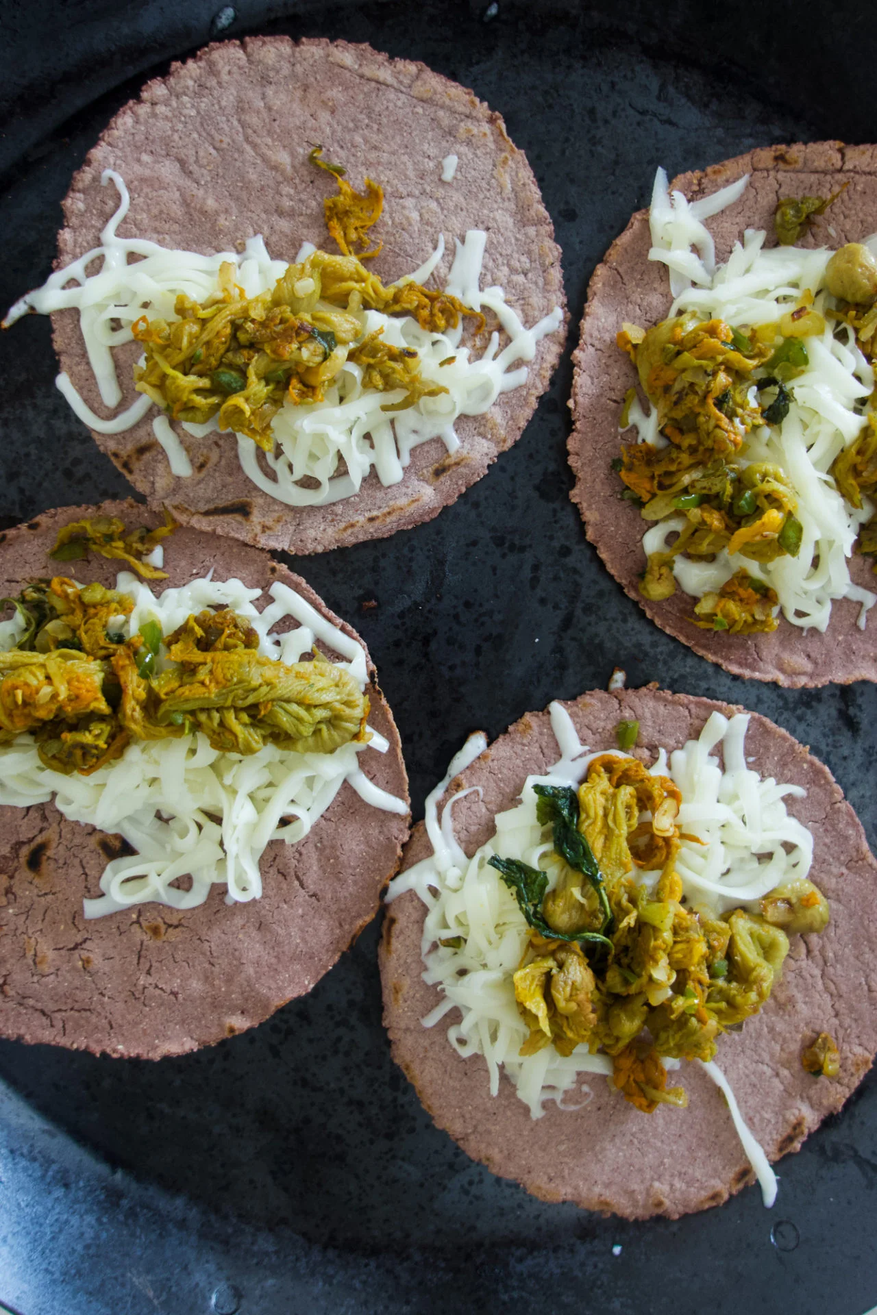 Four round blue corn tortillas on a dark surface are topped with shredded white cheese and a cooked mixture of squash blossoms, green herbs, and vegetables—classic ingredients for Quesadillas de Flor de Calabaza. The ingredients are neatly arranged, ready to be served.