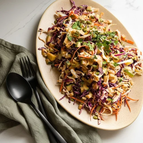 An oval platter on a white surface holds a vibrant Chipotle Ranch Cabbage Salad with shredded red and green cabbage, carrots, and chopped cilantro. Next to it, a green cloth napkin is set with a matte black spoon and fork. Natural light completes the scene.