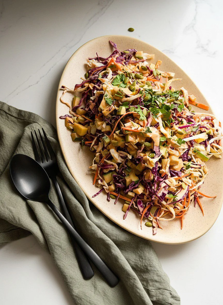 An oval platter on a white surface holds a vibrant Chipotle Ranch Cabbage Salad with shredded red and green cabbage, carrots, and chopped cilantro. Next to it, a green cloth napkin is set with a matte black spoon and fork. Natural light completes the scene.