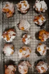 Twelve homemade, golden-brown apple fritters dusted with powdered sugar sit on a wire cooling rack. Crispy edges and chunks of caramelized apple peek through, with powdered sugar scattered across the rack and dark surface beneath.