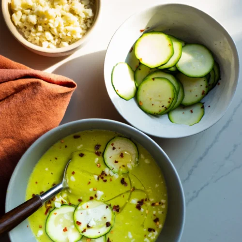 A bowl of creamy zucchini soup topped with cucumber slices and red pepper flakes sits on a white surface beside a bowl of sliced cucumbers and crumbled cheese, with a brown napkin and spoon nearby, all lit by natural sunlight.