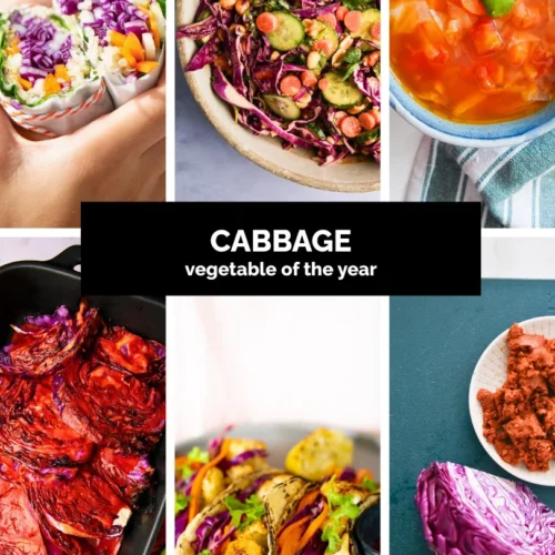 A collage showcases vibrant cabbage dishes: spring rolls, cabbage salad, soup, roasted red cabbage, and Mexican cuisine tacos with cabbage slaw. In the center, text proclaims “CABBAGE vegetable of the year.”.