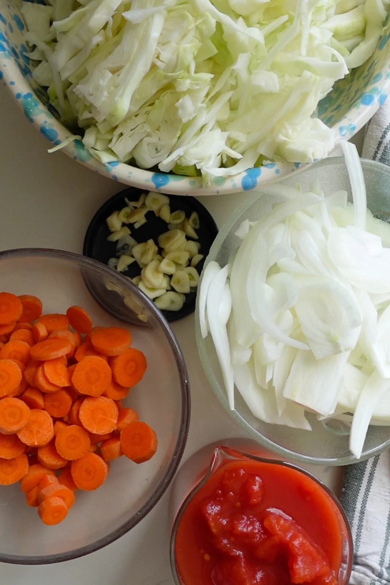 Bowls of sliced cabbage, onions, and carrots are arranged on a table for Mexican Cabbage Soup. Smaller bowls with chopped garlic and a container of diced tomatoes in juice are also ready, neatly organized for preparing Caldo de Repollo.