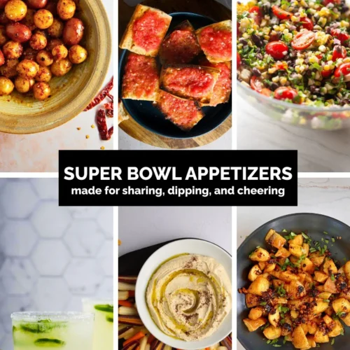 A collage of Super Bowl appetizers: spicy roasted chickpeas, tomato-topped bread, bean salad, margaritas, hummus with veggie sticks, and roasted potatoes. Text in the center reads, “Super Bowl Appetizers: made for sharing and dipping.”.