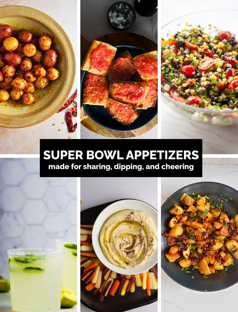Collage of Latin Super Bowl appetizers including spicy potatoes, hummus, pico de gallo, pan con tomate, vegan frito pie, and margaritas for game day.