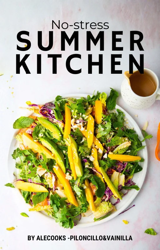 A vibrant salad with mango slices, greens, herbs, cabbage, and feta on a white plate sits on a light surface. A small pitcher of dressing is nearby. Bold black text above reads: “No-stress SUMMER KITCHEN—perfect for easy summer cooking.” Author credits are at the bottom.